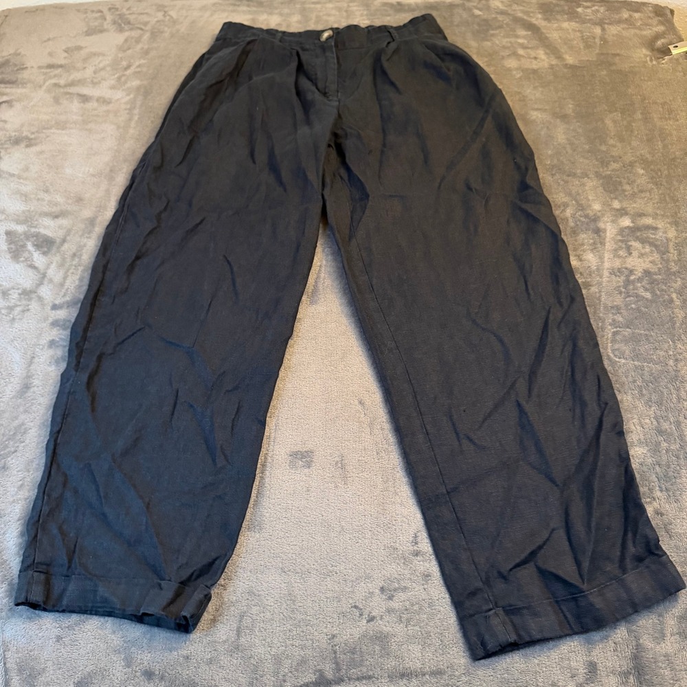 PRIMARK EDIT Black Linen Blend Wide Leg Pleated Pants Womens Small 28x27"